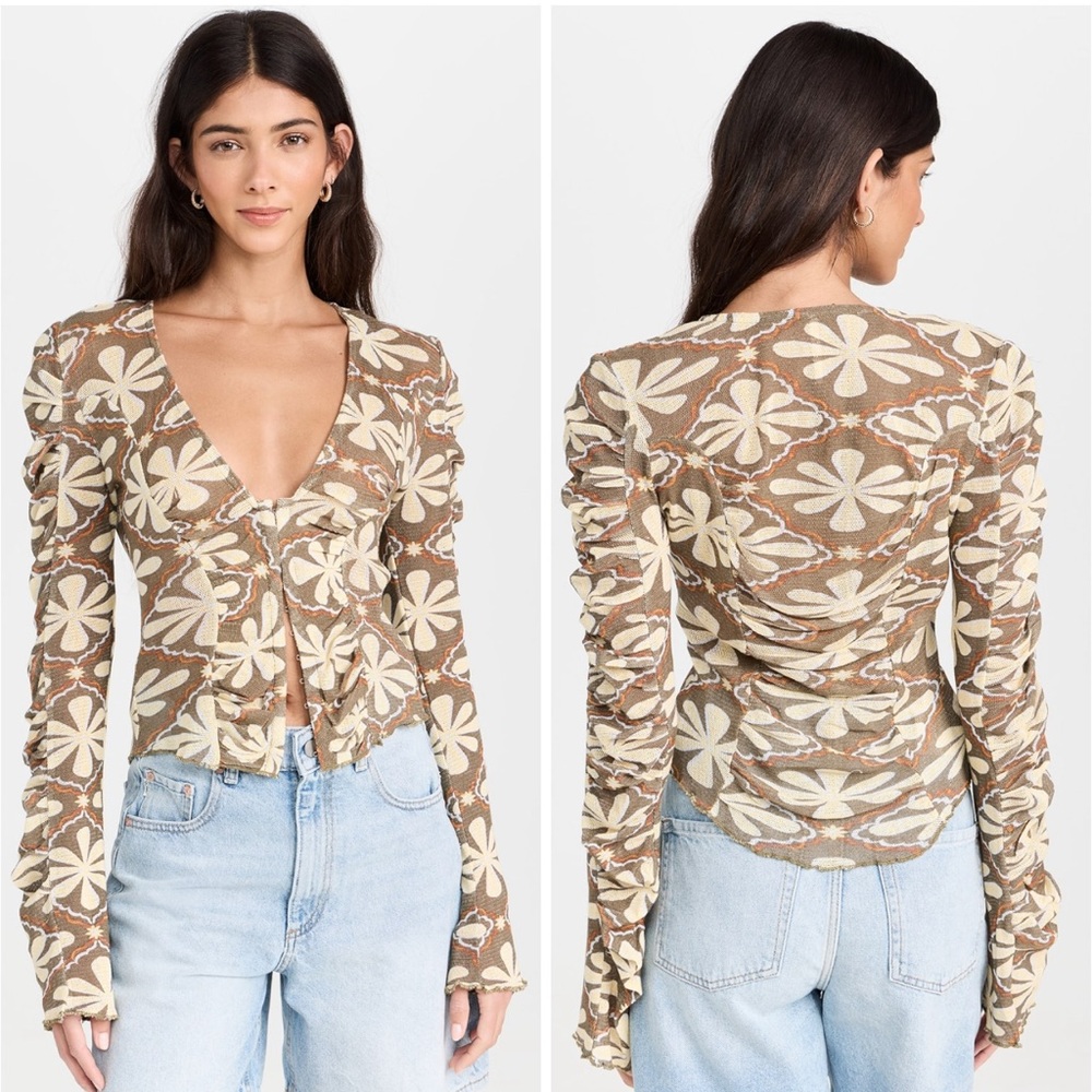 Free People Through the Meadow Foral V-Neck Top in Dried Basil